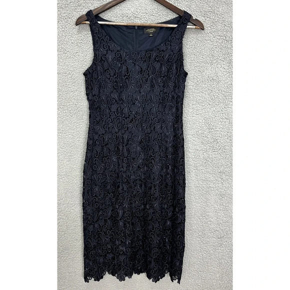 Tahari Arthur S Levin Luxe Sheath Dress Womens 4 Blue Crochet Lace Overlay Event - Picture 1 of 6